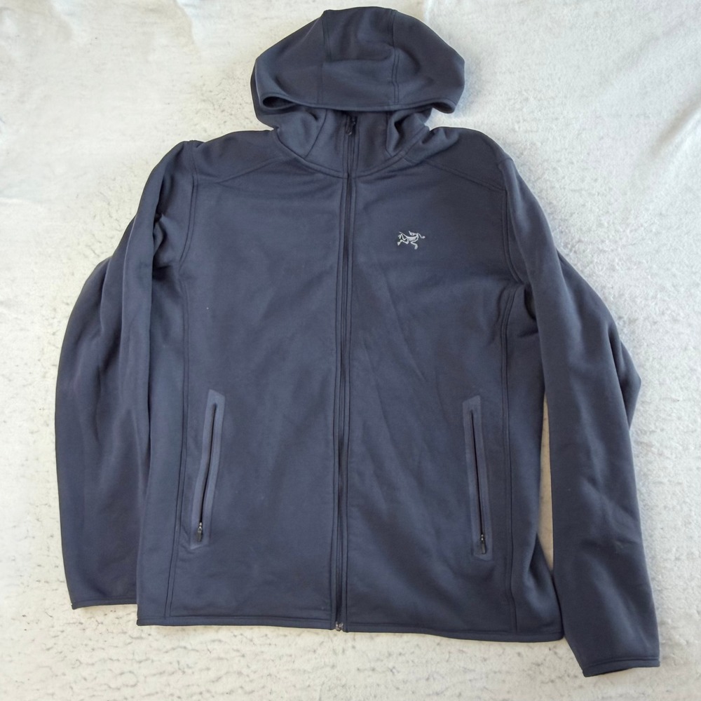 Arcteryx Hooded Jacket Mens Large Navy Blue Full Zip Fleece Lined SLEEVE HOLE